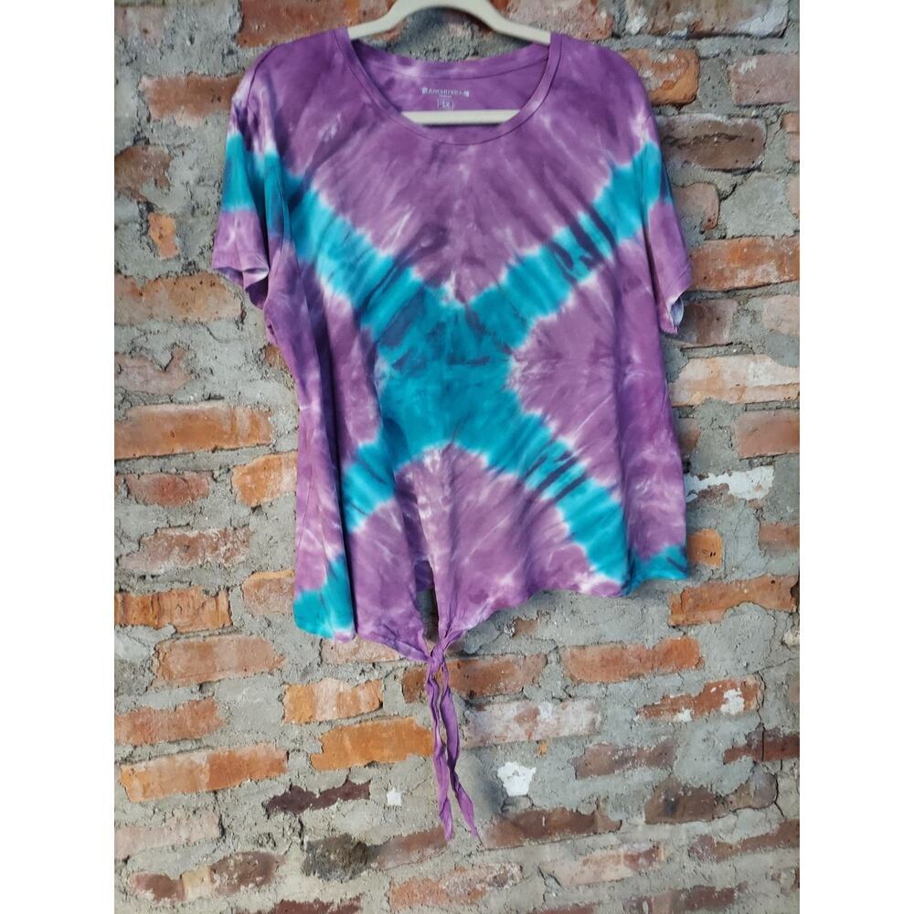 Architect Womens Plus T-Shirt 1X Purple Teal Tie Dye Tie Front Knot Top